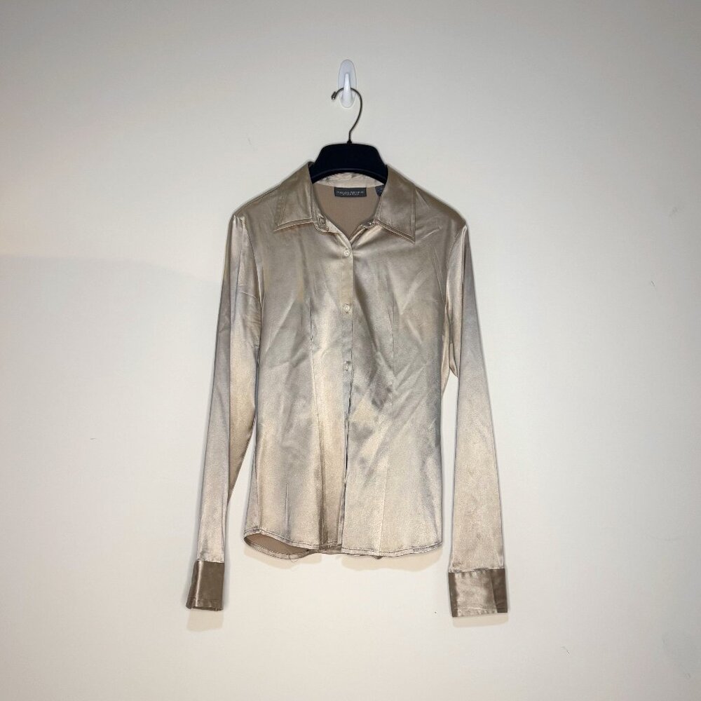 Banana Republic Stretch Silk Gold Button-Up Long-Sleeved Blouse Size S